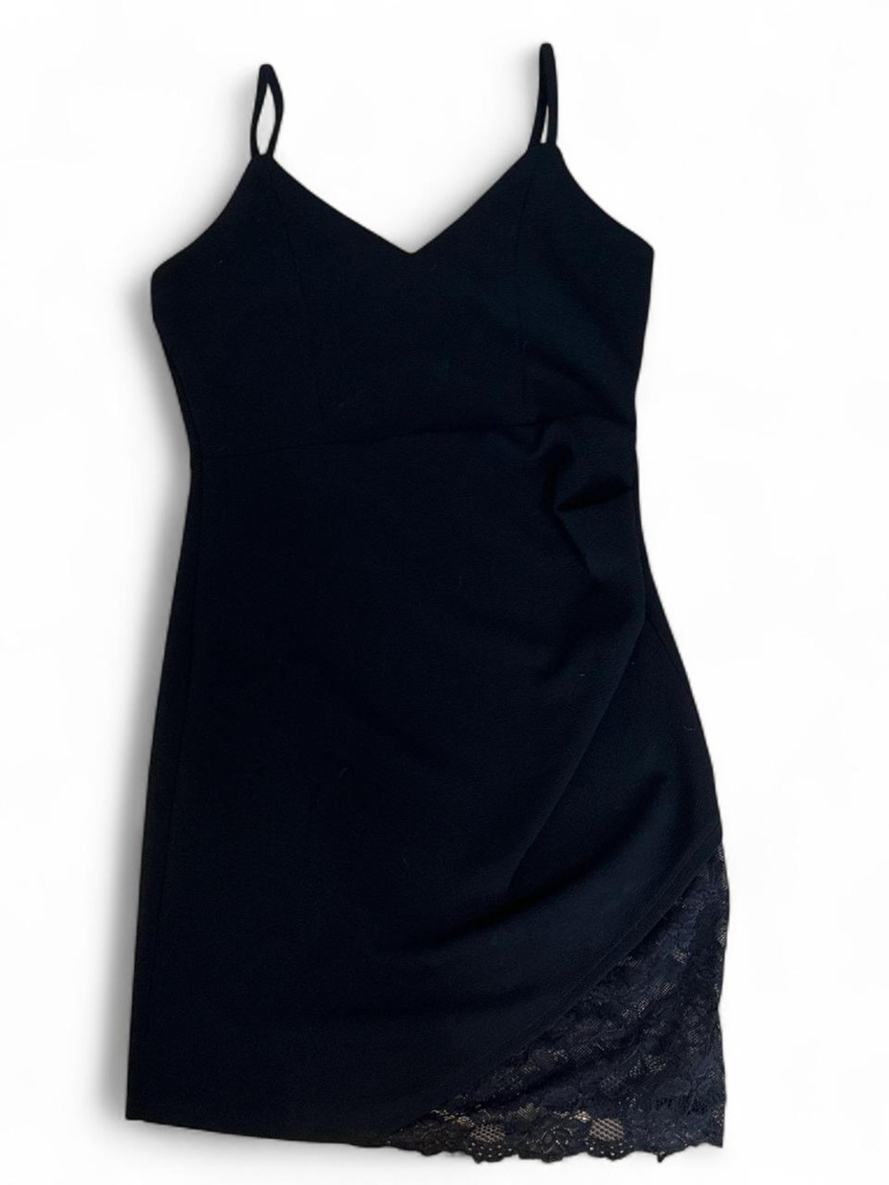Faux Wrap Ruched Black Lace Inset Bodycon Mini Dress - Size L